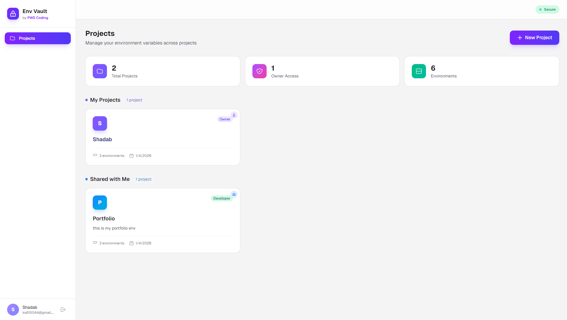 Secure Environment Variable Management System - Dashboard Overview screenshot 1