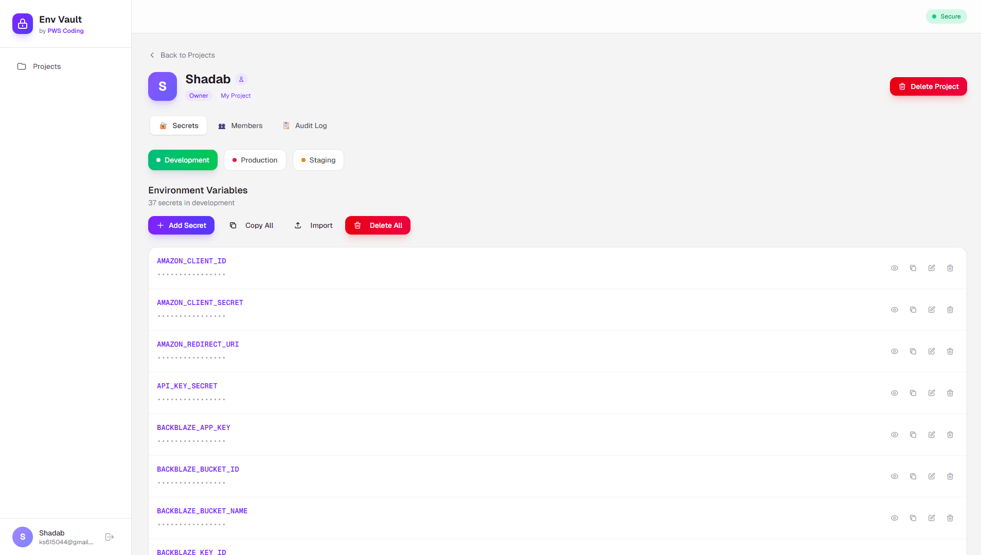 Secure Environment Variable Management System - Environment Variables Listing screenshot 1